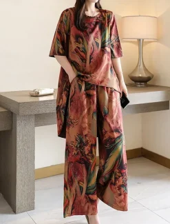 Women's Loungewear Sets Flower Fashion Casual Comfort Street Daily Date Breathable Crew Neck Short Sleeve T shirt Tee Pant Pocket Summer Spring Home Outfits