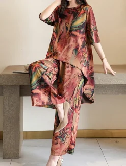 Women's Loungewear Sets Flower Fashion Casual Comfort Street Daily Date Breathable Crew Neck Short Sleeve T shirt Tee Pant Pocket Summer Spring Home Outfits