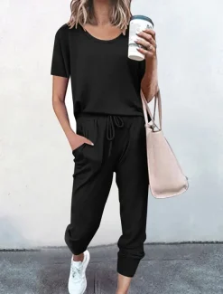 Women's Loungewear Sets Pure Color Fashion Casual Comfort Street Daily Date Breathable Crew Neck Short Sleeve T shirt Tee Pant Pocket Elastic Waist Summer Fall Home Outfits
