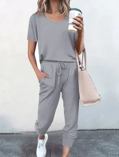 Women's Loungewear Sets Pure Color Fashion Casual Comfort Street Daily Date Breathable Crew Neck Short Sleeve T shirt Tee Pant Pocket Elastic Waist Summer Fall Home Outfits