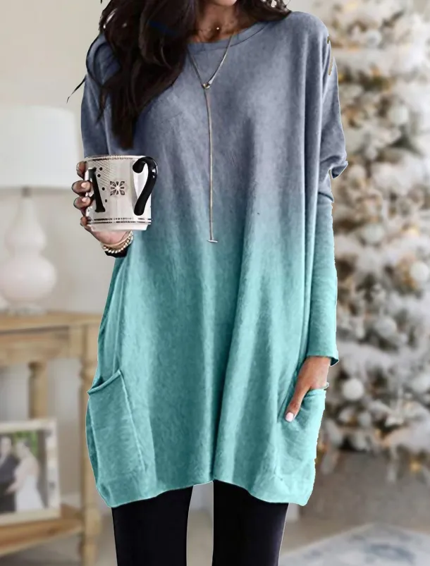 Women's Loungewear Top Gradient Simple Casual Comfort Home Daily Breathable Crew Neck Long Sleeve Pocket Fall Winter Home Outfits