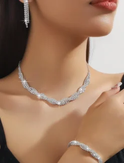 Women's Luxury Rhinestone Jewelry Set - Elegant Necklace, Bracelet, and Earrings for Weddings, Parties, and Formal Occasions