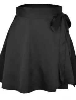 Women's Mardi Gras Skirt A Line Mini High Waist Skirts Bow Solid Colored Daily Holiday Summer Satin Fashion Casual Wine Black-White Black Pink Carnival Theme