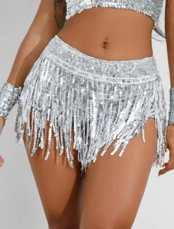 Women's Mardi Gras Skirt Sparkly Skirt Mini Low Waist Skirts Sequins Tassel Fringe Solid Colored Performance Party Summer Fashion Sexy Silver Black Golden Red Carnival Theme