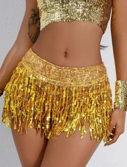 Women's Mardi Gras Skirt Sparkly Skirt Mini Low Waist Skirts Sequins Tassel Fringe Solid Colored Performance Party Summer Fashion Sexy Silver Black Golden Red Carnival Theme