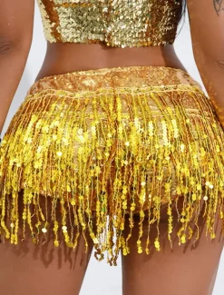 Women's Mardi Gras Skirt Sparkly Skirt Mini Low Waist Skirts Sequins Tassel Fringe Solid Colored Performance Party Summer Fashion Sexy Silver Black Golden Red Carnival Theme