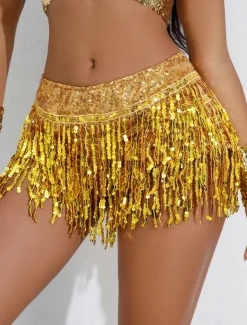 Women's Mardi Gras Skirt Sparkly Skirt Mini Low Waist Skirts Sequins Tassel Fringe Solid Colored Performance Party Summer Fashion Sexy Silver Black Golden Red Carnival Theme