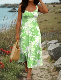 Women's Maxi Dress A Line Dress Summer Dress Off The Shoulder Dress Vacation Casual Party Date Regular Fit Floral Graphic Sleeveless Square Neck Yellow Blue Purple Green Summer Spring