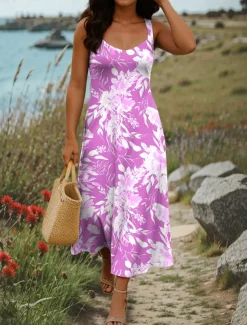 Women's Maxi Dress A Line Dress Summer Dress Off The Shoulder Dress Vacation Casual Party Date Regular Fit Floral Graphic Sleeveless Square Neck Yellow Blue Purple Green Summer Spring