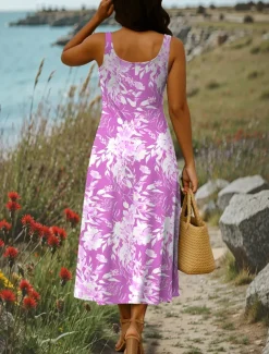 Women's Maxi Dress A Line Dress Summer Dress Off The Shoulder Dress Vacation Casual Party Date Regular Fit Floral Graphic Sleeveless Square Neck Yellow Blue Purple Green Summer Spring