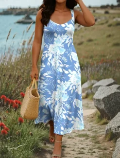 Women's Maxi Dress A Line Dress Summer Dress Off The Shoulder Dress Vacation Casual Party Date Regular Fit Floral Graphic Sleeveless Square Neck Yellow Blue Purple Green Summer Spring