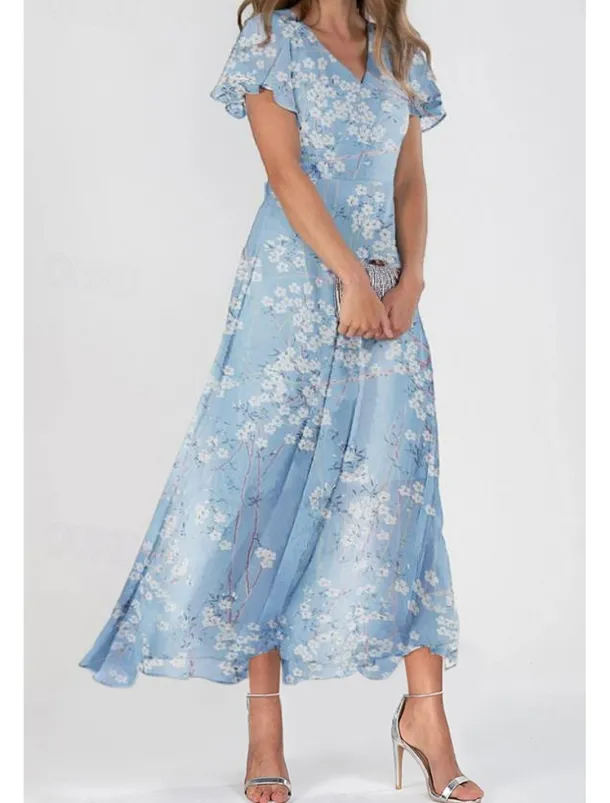 Women's Maxi Dress A Line Dress Elegant Daily Date Regular Fit Floral V Neck Blue Summer