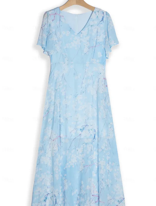 Women's Maxi Dress A Line Dress Elegant Daily Date Regular Fit Floral V Neck Blue Summer