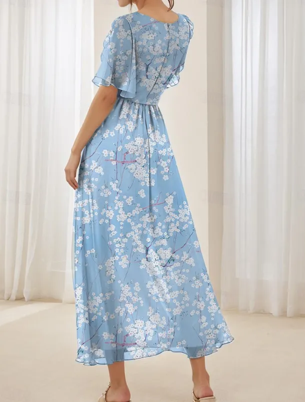 Women's Maxi Dress A Line Dress Elegant Daily Date Regular Fit Floral V Neck Blue Summer