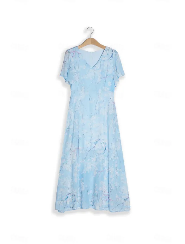 Women's Maxi Dress A Line Dress Elegant Daily Date Regular Fit Floral V Neck Blue Summer