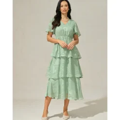 Women's Maxi Dress A Line Dress Elegant Formal Flutter Sleeve Wedding Guest Cocktail Party Regular Fit Plain Short Sleeve V Neck Sage Green Summer
