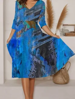 Women's Maxi Dress A Line Dress Summer Dress Vacation Casual Daily Regular Fit Graphic Abstract Long Sleeve V Neck Blue Purple Orange Summer
