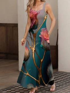 Women's Maxi Dress A Line Dress Summer Dress Off The Shoulder Dress Vacation Casual Party Date Regular Fit Floral Graphic Sleeveless Square Neck Green Summer Spring