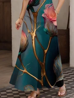 Women's Maxi Dress A Line Dress Summer Dress Off The Shoulder Dress Vacation Casual Party Date Regular Fit Floral Graphic Sleeveless Square Neck Green Summer Spring