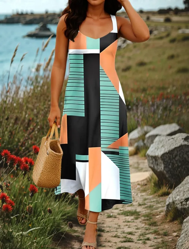 Women's Maxi Dress A Line Dress Summer Dress Off The Shoulder Dress Vacation Casual Party Date Regular Fit Graphic Geometry Sleeveless Square Neck Pink Orange Gray Summer Spring