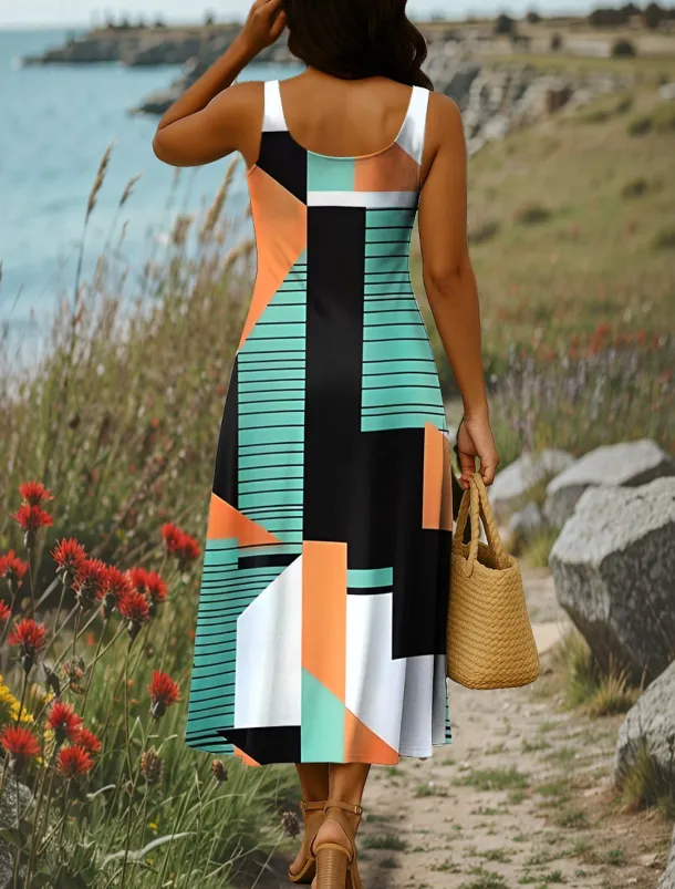 Women's Maxi Dress A Line Dress Summer Dress Off The Shoulder Dress Vacation Casual Party Date Regular Fit Graphic Geometry Sleeveless Square Neck Pink Orange Gray Summer Spring