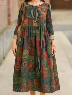 Women's Maxi Dress A Line Dress Casual Daily Regular Fit Floral Long Sleeve Crew Neck Navy Red Dark Green Brown Summer Fall