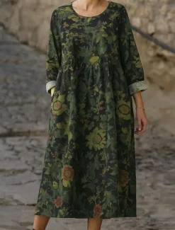 Women's Maxi Dress A Line Dress Casual Daily Regular Fit Floral Long Sleeve Crew Neck Navy Red Dark Green Brown Summer Fall