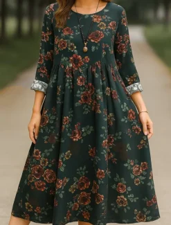 Women's Maxi Dress A Line Dress Casual Daily Regular Fit Floral Long Sleeve Crew Neck Navy Red Dark Green Brown Summer Fall
