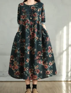 Women's Maxi Dress A Line Dress Casual Daily Regular Fit Floral Long Sleeve Crew Neck Navy Red Dark Green Brown Summer Fall