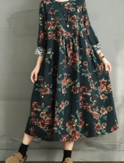 Women's Maxi Dress A Line Dress Casual Daily Regular Fit Floral Long Sleeve Crew Neck Navy Red Dark Green Brown Summer Fall