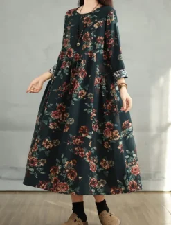 Women's Maxi Dress A Line Dress Casual Daily Regular Fit Floral Long Sleeve Crew Neck Navy Red Dark Green Brown Summer Fall