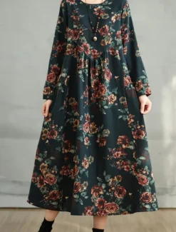 Women's Maxi Dress A Line Dress Casual Daily Regular Fit Floral Long Sleeve Crew Neck Navy Red Dark Green Brown Summer Fall