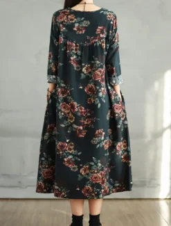 Women's Maxi Dress A Line Dress Casual Daily Regular Fit Floral Long Sleeve Crew Neck Navy Red Dark Green Brown Summer Fall