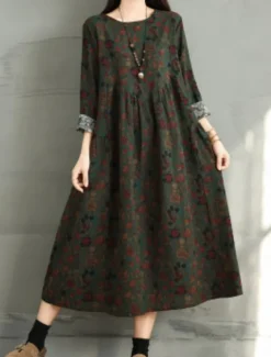Women's Maxi Dress A Line Dress Casual Daily Regular Fit Floral Long Sleeve Crew Neck Navy Red Dark Green Brown Summer Fall
