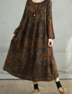 Women's Maxi Dress A Line Dress Casual Daily Regular Fit Floral Long Sleeve Crew Neck Navy Red Dark Green Brown Summer Fall