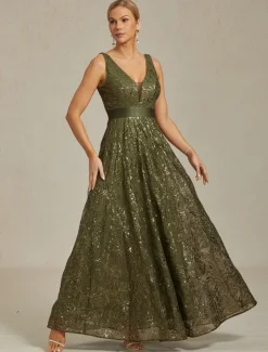 Women's Maxi Dress A Line Dress Backless Dress Elegant Party Birthday Solid Color Sleeveless V Neck Olive Summer Spring