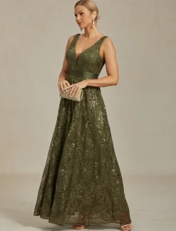 Women's Maxi Dress A Line Dress Backless Dress Elegant Party Birthday Solid Color Sleeveless V Neck Olive Summer Spring