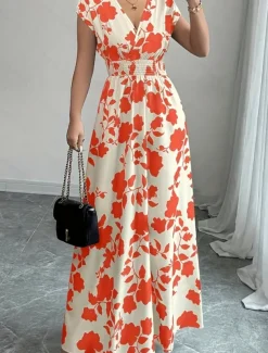 Women's Maxi Dress A Line Dress Vacation Casual Boho Outdoor Going out Standard Fit Floral Short Sleeve V Neck Black Red Blue Orange Summer