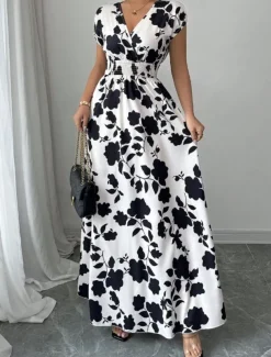 Women's Maxi Dress A Line Dress Vacation Casual Boho Outdoor Going out Standard Fit Floral Short Sleeve V Neck Black Red Blue Orange Summer