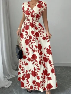 Women's Maxi Dress A Line Dress Vacation Casual Boho Outdoor Going out Standard Fit Floral Short Sleeve V Neck Black Red Blue Orange Summer