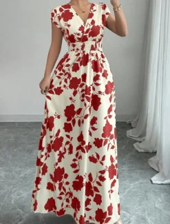 Women's Maxi Dress A Line Dress Vacation Casual Boho Outdoor Going out Standard Fit Floral Short Sleeve V Neck Black Red Blue Orange Summer