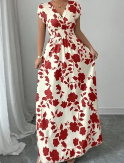 Women's Maxi Dress A Line Dress Vacation Casual Boho Outdoor Going out Standard Fit Floral Short Sleeve V Neck Black Red Blue Orange Summer