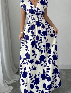 Women's Maxi Dress A Line Dress Vacation Casual Boho Outdoor Going out Standard Fit Floral Short Sleeve V Neck Black Red Blue Orange Summer