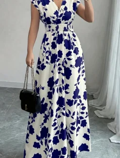 Women's Maxi Dress A Line Dress Vacation Casual Boho Outdoor Going out Standard Fit Floral Short Sleeve V Neck Black Red Blue Orange Summer