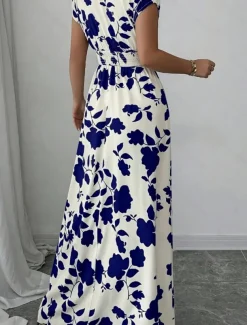 Women's Maxi Dress A Line Dress Vacation Casual Boho Outdoor Going out Standard Fit Floral Short Sleeve V Neck Black Red Blue Orange Summer