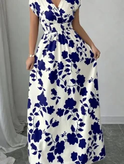 Women's Maxi Dress A Line Dress Vacation Casual Boho Outdoor Going out Standard Fit Floral Short Sleeve V Neck Black Red Blue Orange Summer