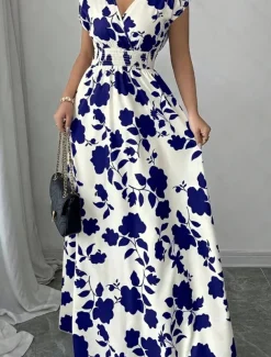 Women's Maxi Dress A Line Dress Vacation Casual Boho Outdoor Going out Standard Fit Floral Short Sleeve V Neck Black Red Blue Orange Summer