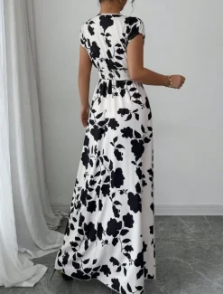 Women's Maxi Dress A Line Dress Vacation Casual Boho Outdoor Going out Standard Fit Floral Short Sleeve V Neck Black Red Blue Orange Summer