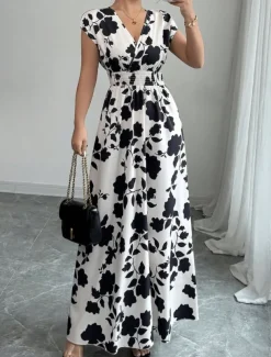 Women's Maxi Dress A Line Dress Vacation Casual Boho Outdoor Going out Standard Fit Floral Short Sleeve V Neck Black Red Blue Orange Summer