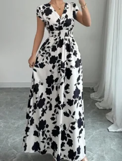 Women's Maxi Dress A Line Dress Vacation Casual Boho Outdoor Going out Standard Fit Floral Short Sleeve V Neck Black Red Blue Orange Summer